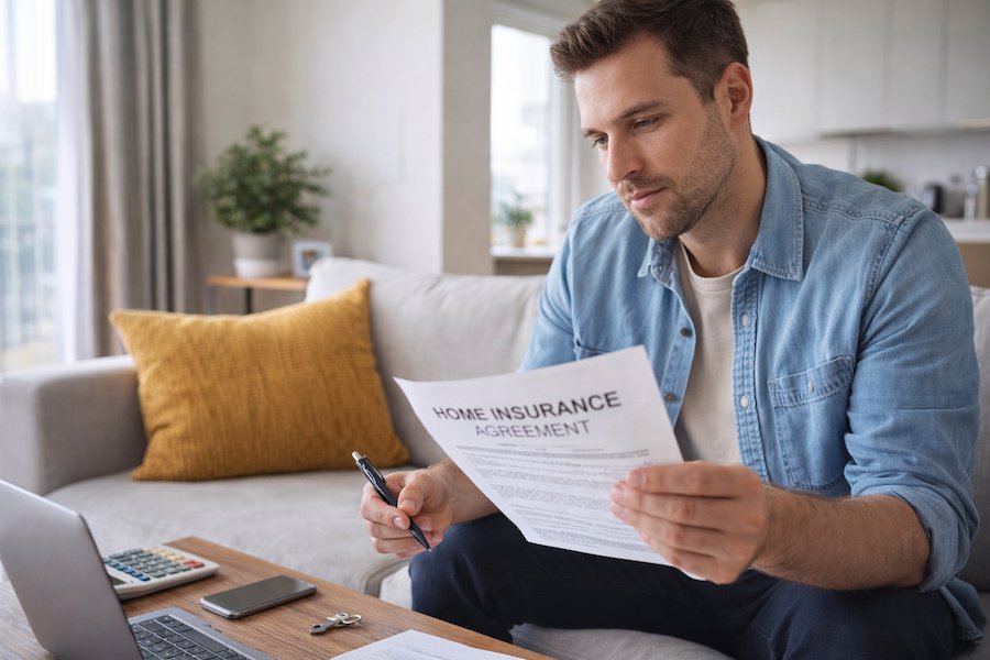 hyresgast-gar-igenom-hemforsakringsavtal-i-lagenhet-16×9 Hyresgäst sitter i sin lägenhet och går igenom ett hemförsäkringsavtal med penna och papper på soffbordet.